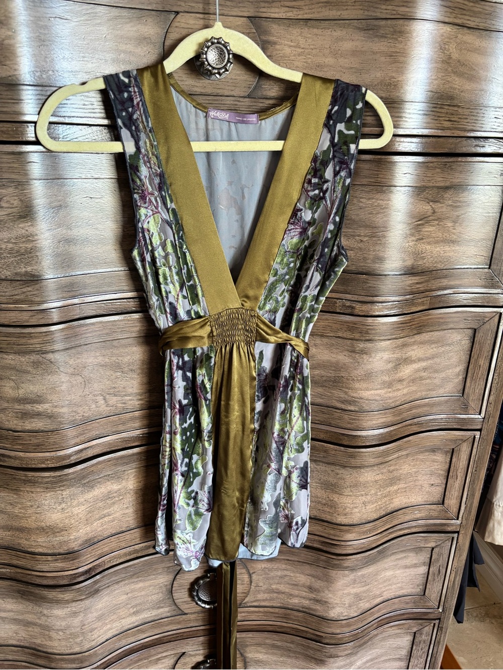 Hale Bob velvet Olive Floral V-Neck Sleeveless Dress NWOT